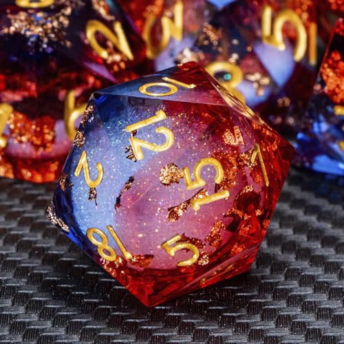 ARUOHHA Liquid Core DND Dice Set, 7pcs Resin Sharp Edged Dragons Dice Compatible with D&D Role Playing Games, RPG Golden Numbers Blue Red Dungeons Polyhedral D and D Dice with Gift Box D20 D10 D6 - color: Shiny-blue Red