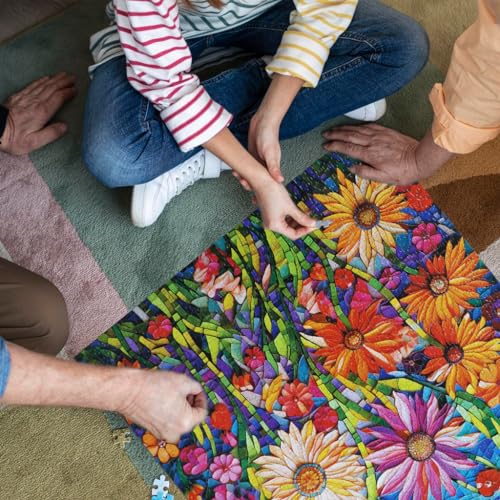 Bgraamiens-Mosaic Art Flowers-1000 Pieces Puzzle for Adults, Stained Glass Jigsaw with Flowers, Impossible Puzzle Color Challenge Hard Puzzles for Adults - color: Mosaic Art Flowers