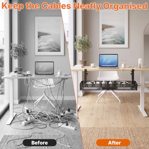 Under Desk Cable Management Tray, 15-25in Retractable Metal Cord Organizer Rack, No Drill Desk Tray with Clamp, Anti-Slip Pads Cable Tray for Home, Office, Gaming, Standing Desks
