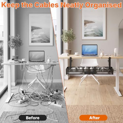 Under Desk Cable Management Tray, 15-25in Retractable Metal Cord Organizer Rack, No Drill Desk Tray with Clamp, Anti-Slip Pads Cable Tray for Home, Office, Gaming, Standing Desks