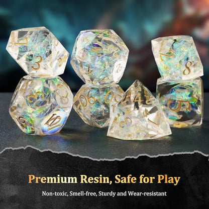 MoKo Resin DND Dice Set, 7PCS Sharp Edge Polyhedral, Amber | Gold Numbers, D&D RPG Tabletop Games, Gift Box Storage Bag, D20 D12 D10 D8 D6 D4 D% - color: 3 - Amber