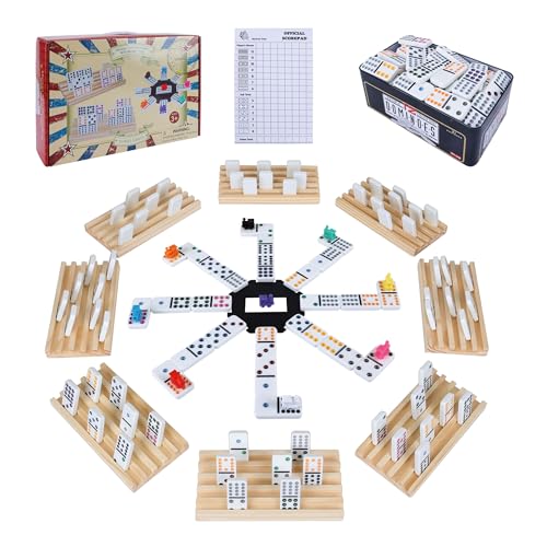 Double 12 Mexican Train Dominoes Set for Adults with 8PCS Wooden Holders, 9 Train Markers, 91 Color Dot Tile Dominos in Tin Box & Hub - Classic Family Board Game Set Party Toy Gift for Kids - color: D12 Dot 8 Holders