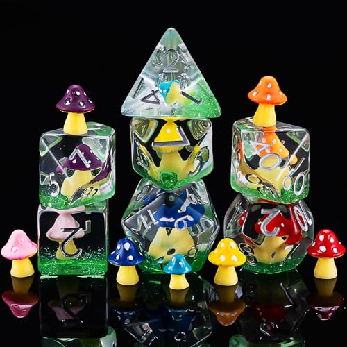 D&D Resin Mushrooms Dice Set, Polyhedral DND Dice Colored Mushrooms Inclusion Dice for Dungeons and Dragons MTG RPG Board Games for 15 Years and Up - color: Mushrooms-colored
