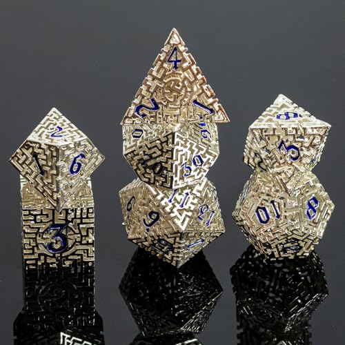 Metal Hollow DND Dice Set with A Gift Box, Silver Metallic Luster Maze Design, Ideal DND Dice Set for D&D DM and Players, Perfect for Dungeons and Dragons, MTG, COC Game Meetings (Cleric) - color: Hollow-silver