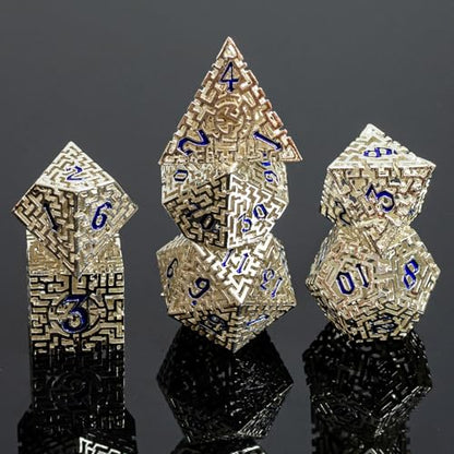Metal Hollow DND Dice Set with A Gift Box, Silver Metallic Luster Maze Design, Ideal DND Dice Set for D&D DM and Players, Perfect for Dungeons and Dragons, MTG, COC Game Meetings (Cleric) - color: Hollow-silver