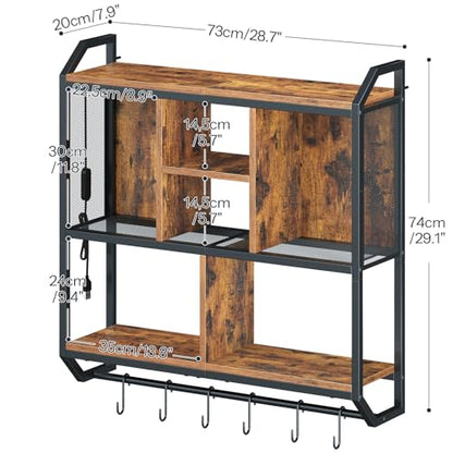 HOOBRO Gaming Floating Shelf with LED Lights, 28.7" LED Wall Mounted Shelf, 3-Tier Display Rack for Wall Storage, Floating Rack with Hanging Rod and 6 S-Hooks, Rustic Brown and Black BF70DBJ01 - color: Rustic Brown + Black