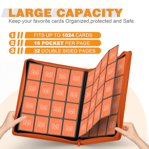 Premium Card Binder 16 Pocket,Trading Card Binder Holds up to 1000+Cards Sturdy Card Collection Album, Card Holder Folders for MTG, TCG, Game Cards & Sports Cards - color: 16 Orange