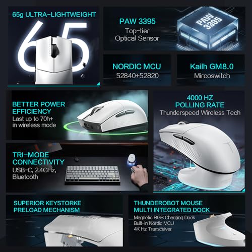 Thunderobot ML903 4K Souris Gamer Sans Fil avec Station de Charge RGB, Capteur Optique de 26 000 DPI,PAW3395,Longue Durée de Vie de la Batterie, Souris Ergonomique Sans Fil Pour PC, Mac - color: White