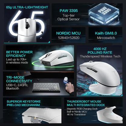 Thunderobot ML903 4K Souris Gamer Sans Fil avec Station de Charge RGB, Capteur Optique de 26 000 DPI,PAW3395,Longue Durée de Vie de la Batterie, Souris Ergonomique Sans Fil Pour PC, Mac - color: White
