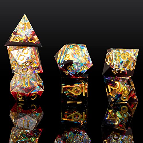 Sharp Edge DND Dice Set Handmade 7 Accessories Dice for Dungeons and Dragons TTRPG Games, Multi-Sided RPG Polyhedral Resin Sharp Edge Dice Roleplaying Games (Sequin Red) - color: Sequin Red
