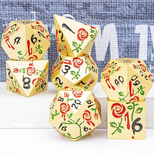 Gothic DND Dice Set Bleeding Rose Metal D and D Dice for use with Dungeons Dragons D&D Role Playing Game, Red RPG Blood Polyhedral Dice Set D20 D12 D10 D8 D6 D4 - color: Red&gold&black Numbers