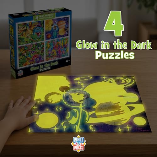 MasterPieces – Jigsaw Puzzle Set for Kids 6+ Years, 4-Pack of 100 Pieces, Educational and Fun Game, Blue Glow in The Dark Collection, Gift Idea for Children, 8" x 10 - style: Glow in the Dark V2