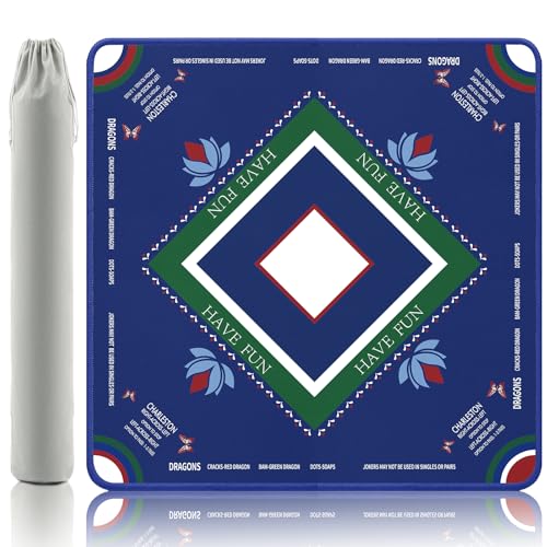 Mahjong Mat with Lotus & Butterfly Artwork - 32.4x32.4 Inch Hand-Painted Style Rubber Mat, Waterproof Surface, Anti-Slip Foldable Design for Asian-Themed Game Nights (Dark Blue Style) - color: Dark Blue