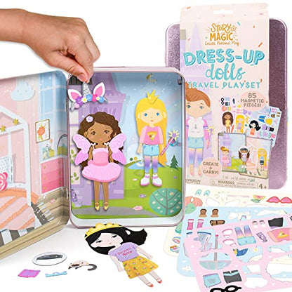 Story Magic Dress-Up Dolls Playset, Pretend Play Magnetic Case, Magnet Outfit and Accessory Pieces, Great for Travel or Playdates, Magnetic On The Go Activity Set for Ages 4, 5, 6, 7 , Pink - style: Travel Dress Up