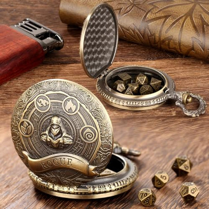 Mini DND Dice Set with Bronze Steampunk Rogue Pocket Watch Case, Tabletop Game Accessories, 7pcs Polyhedral Metal Dice, D&D Starter Set, Gifts with Dice Bag for RPG DM Gamer - color: Rogue Dice Set