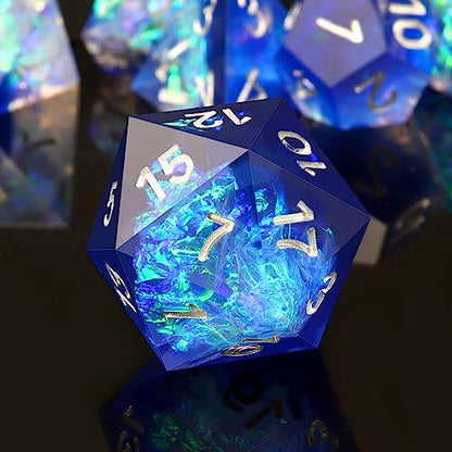 Haxtec Sharp Edge DND Dice Set, Holographic Resin Polyhedral RPG Dice | Blue D&D Dice for Role Playing Games, Compatible with Dungeons and Dragons, Handmade 7-Die with Metal Case, TTRPG Gifts - color: Blue Silver