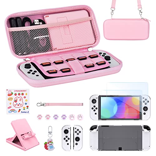Younik Switch OLED Accessories Bundle, 17 in 1 Pink Switch Oled Accessories Kit for Girls Include Switch Carrying Case, Adjustable Stand, Protective Case for Switch Console & J-Con - color: Pink, size: For Switch OLED(2021)