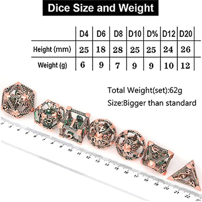 DND Dice Set Polyhedral, Metal Dice Set 7-piece(D20 D6 D4 D12 D10 D% D4) Cthulhu Design for Dungeons Dragons D&D Pathfinder and Other Tabletop Role-Playing Games - color: 3d Copper Green