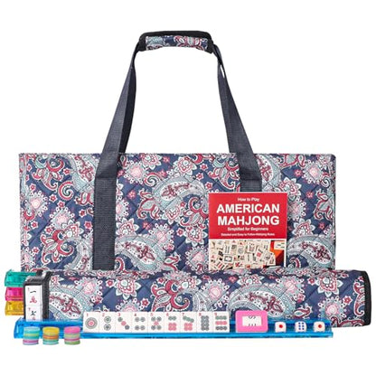 American Mahjong Game Set, 166 White Tiles, 4 All-in-One Color Rack/Pushers, Complete Mahjong Tile Set, Printed Carrying Bag - color: Deep Blue