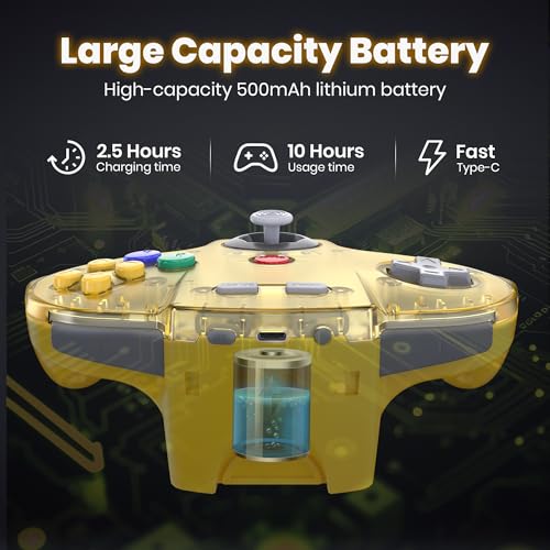 2 Pack 2.4 GHz USB Wireless N64 Controller Made for Switch 1 & 2 Console | (Built-in Vibration) (Rechargeable) (3D Analog Stick), Compatible with Switch Online, Windows PC, macOS, Clear Yellow/Red - color: Wireless Clear Yellow/Red