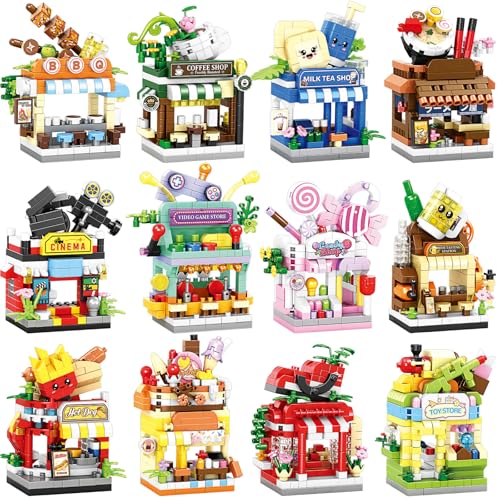 12 PCS Mini Street View Building Bricks Set, Modular City Shop Model, DIY Tiny Town Collection, Aesthetic Tabletop Decor, Holiday & Birthday Gifts for Adults