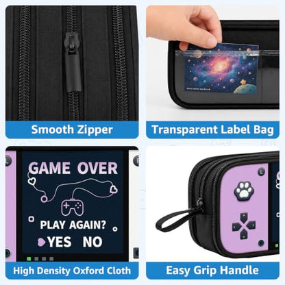 Game Controller Pencil Case for Boys Kids Teens, Large Capacity Pencil Pouch with 3 Compartments, 7 Pockets and Label Pocket for School College Office Travel (Purple & White) - color: Purple&White