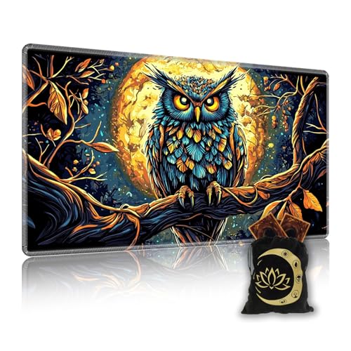 for MTG Playmat in Storage Bag, Commander Board Game Play Mat Desk Pad, Hand-Painted Stitched Edges Aged Map 27.6x15.7 in,Ideal for TCG/MTG/CCG/RPG Game Playmat, Night Owl - color: Night Owl, size: 15.7*27.6 in