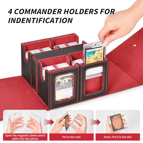 Commander Deck Box for MTG, Trading Card Storage Box Holds 400+ Double-Sleeved Cards, 5 IN 1 Removable Card Case with Dice Tray, Display Window with Magnetic Card Holders for TCG/CCG (Black Red) - color: 5-IN-1-Black Red