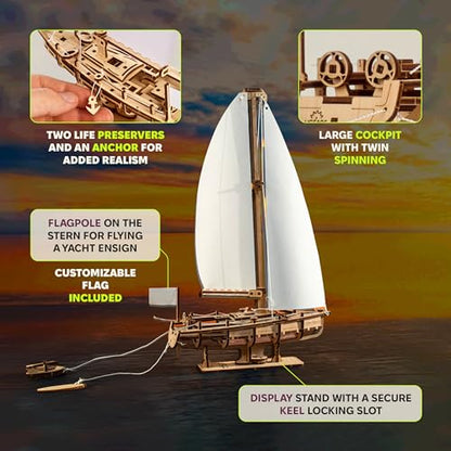 UGEARS Ocean Beauty Yacht 3D Wooden Puzzles for Adults - Mechanical Wooden Model Kits for Adults to Build - DIY Puzzle Boat with Paper Sails - Brain Teaser Building Set 3D Puzzle