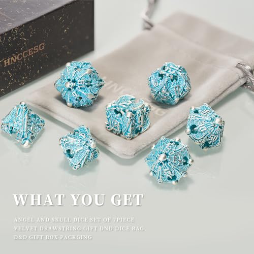 Metal Dice Set, Matt Blue White 7 PCS Skull Hollow D&D Dice Set for Dungeons and Dragon Dice,MTG RPG Role Playing Game(Matte Blue White Skull) - color: Matte Blue White Ts