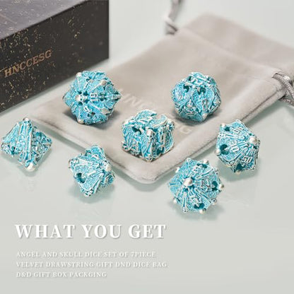 Metal Dice Set, Matt Blue White 7 PCS Skull Hollow D&D Dice Set for Dungeons and Dragon Dice,MTG RPG Role Playing Game(Matte Blue White Skull) - color: Matte Blue White Ts