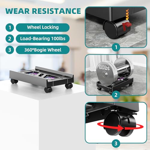 CABTE Adjustable CPU Holder with Cooling Fan and RGB Light | Mobile CPU Holder with 4 Rolling Casters, Under Desk Computer Tower Stand PC Floor Cart PC Riser for Office, Home (With Fan) - color: With Fan