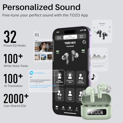 TOZO Hybrid Active Noise Cancelling Wireless Earbuds 6 Mics AI Clear Call | 68H Playtime LED Display 32 Preset EQs App Bluetooth 5.3 IPX8 Waterproof Ear Buds - color: Light Green