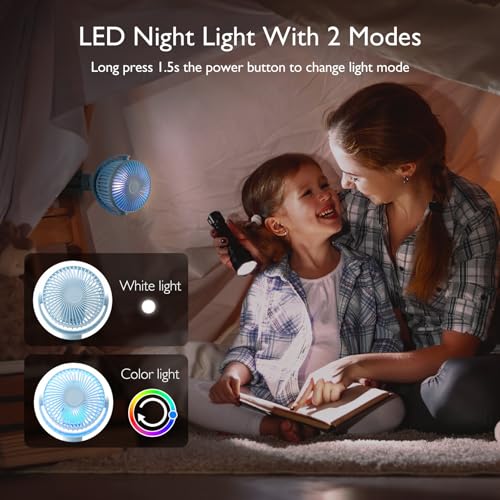 Momcozy 8000mAh Portable Stroller Fan, 27H Ultra-long Battery Life Detachable 4 Speed 360°Rotate LED Night Light with 2 Modes, USB Rechargeable Handheld Cooling Fan for Travel/Car Seat/Bedroom - color: Blue