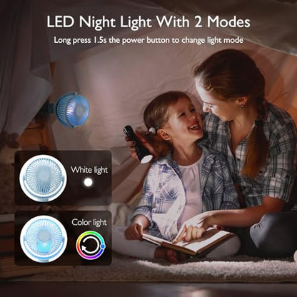 Momcozy 8000mAh Portable Stroller Fan, 27H Ultra-long Battery Life Detachable 4 Speed 360°Rotate LED Night Light with 2 Modes, USB Rechargeable Handheld Cooling Fan for Travel/Car Seat/Bedroom - color: Blue