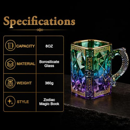 FACE N FACE Zodiac Glass Mug, 8 oz Celestial Constellation Coffee & Tea Cup with Dragon Scale Handle, Green Purple Astrology Mug, Witchy Magic Cup for Halloween Christmas Gift - color: Zodiac Glass Mug