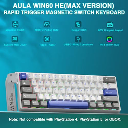 AULA WIN60 HE MAX - 60% Mechanical Gaming Keyboard Wired, Hall Effect Magnetic Switches Hot Swappable, Adjustable Actuation Rapid Trigger Mode, 8000 Hz Polling Rate, 60 Percent Keyboard Compact Design - color: Gray&White&Blue