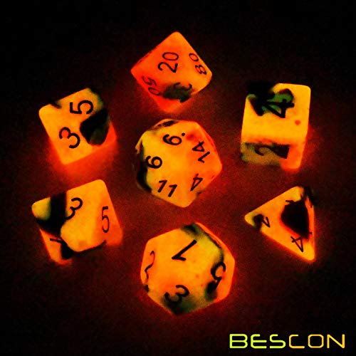 Bescon Two-Tone Glow-in-the-Dark Polyhedral Dice Set HOT Rocks, Luminous RPG Dice Set d4 d6 d8 d10 d12 d20 d% Brick Box Pack - color: Hot Rocks