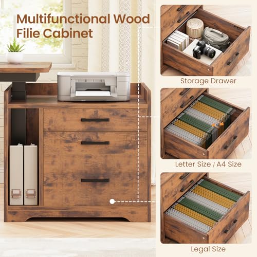 SEDETA L Shaped Standing Desk with File Cabinet, 3 Drawers, Power Outlet | 63 x 53'' Electric Height Adjustable Computer Desk with Led Lights for Home Office, Gaming Room, Rustic Brown - color: Rustic Brown, size: 63 x 53'' L Shaped Standing Desk