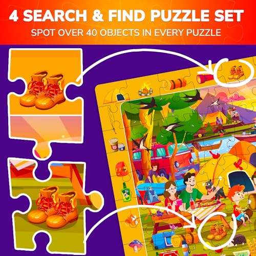 QUOKKA 100 Piece Puzzles for Kids Ages 4-6 – 4xSET Search and Find Kids Puzzles Ages 5-8 – Artist-Crafted Illustrations with Children Daily Life, Hidden Objects - Educational Activity Toy Gift - color: Farm & Beach
