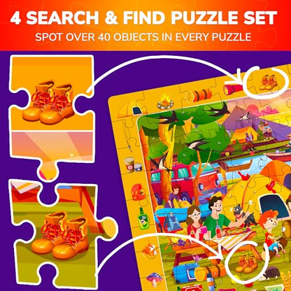 QUOKKA 100 Piece Puzzles for Kids Ages 4-6 – 4xSET Search and Find Kids Puzzles Ages 5-8 – Artist-Crafted Illustrations with Children Daily Life, Hidden Objects - Educational Activity Toy Gift - color: Farm & Beach