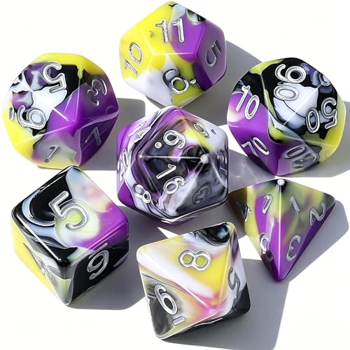 CiaraQ 7pcs Polyhedral Dice Set for Dungeon and Dragons MTG Table Games | Acrylic Role Playing Dice for D&D with Black Velvet Bag – Purple, Yellow, Black & White Ink Swirl – Standard Size – Ages 14+ - color: Purple-yellow-black-white