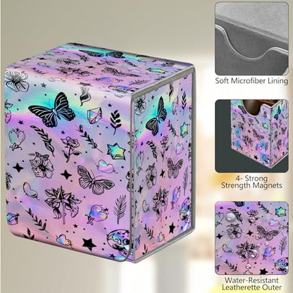 Card Deck Box, Card Storage Box Fits 100+ Single Sleeved Cards, Large Capacity PU Leather Card Storage Box with Strong Magnet for Magic Commander TCG CCG, Cute Iridescent Butterfly - color: Cute Iridescent Butterfly