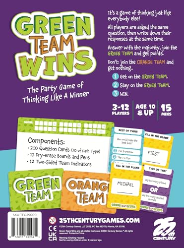 25th Century Games Green Team Wins Party Game, Family Tabletop Question Card Game for Ages 10+, 3 to 12 Players, 15 Minutes
