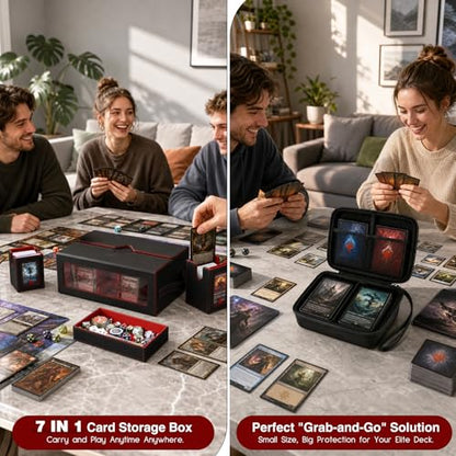 7-in-1 Commander Deck Box with Battle Case, 6-Deck Modular Card Storage Vault for MTG, Holds 600+ Double-Sleeved Cards, 35PT Magnetic Card Holders & 24 Dividers for TCG Game Night & Tournament