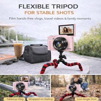 Acuvar 4K 48MP Digital Camera Kit for Photography, Vlogging Camera for YouTube with Flip Screen, WiFi, Wide Angle & Macro Lens, 64GB Micro SD Card, 12" Flexible Tripod, Carrying Case - style: Vlogger Essentials Kit