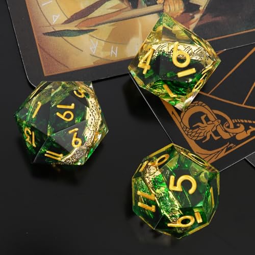 Golden Ring DND Dice Set, 7pcs D&D Polyhedral Sharp Edge Resin Dice with Box, Rings Dice Set for Role Playing Dungeons and Dragons, Playing Games for D and D MTG RPG Table Game Gifts (Green) - color: Ring Green, style: Ring