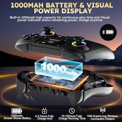 Interactive Screen Wireless Gaming Controller for PC/PS4/Switch/Android/iOS, Gamepad with Phone Clip for Gamers,4 Programmable/Turbo/6-axis Gyro/Dual Vibration/RGB Lighting/Wake-up/Share/Wake-up - color: Black