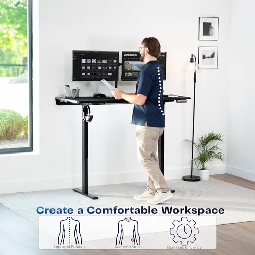 VIVO Black 60 x 30 in Standing Desk, DESK-KIT-1B6-P3B | Electric, Holds 220 lbs, Sit Stand, Height Adjustable, Cable Tray, Full-Size Mouse Pad, Office Furniture, Black Frame - color: Black Top / Black Frame, size: 60 x 30