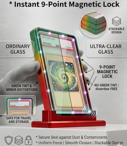 Magnetic Metal Slab Case for 35PT PSA/CGC: Gradient Magnetic Graded Card Slab Protector with Metal Display Stand, U-V Protection UltraClear Glass, 9-Point Magnetic Lock